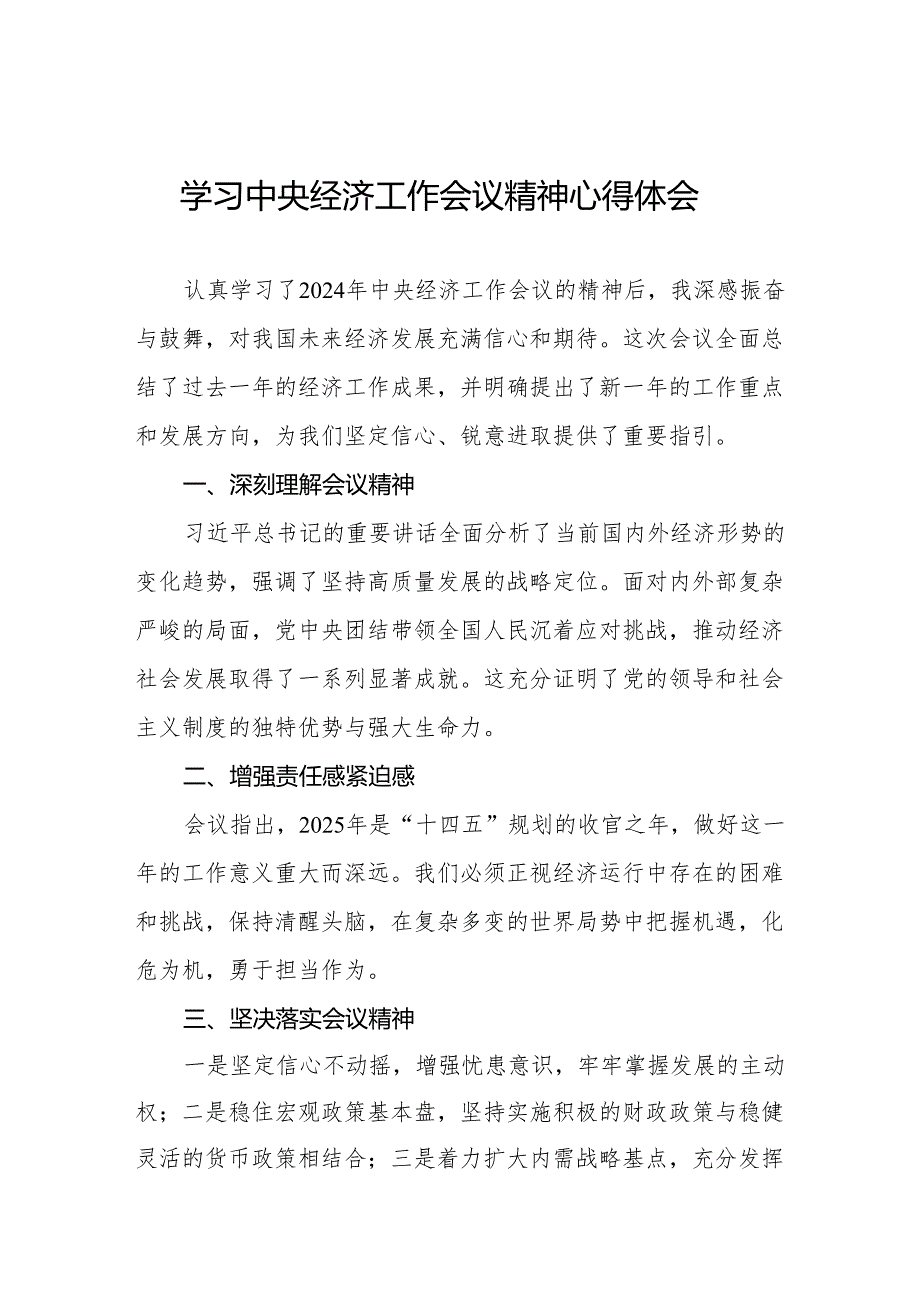 三篇深入学习2024年中央经济工作会议精神的心得体会.docx_第1页