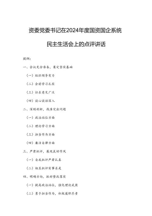 国资委党委书记在2024国资国企系统民主生活会上的点评讲话.docx