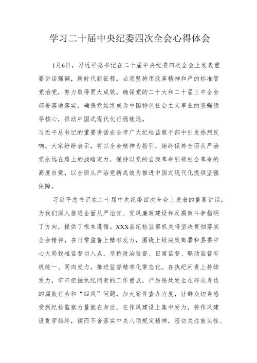 学习二十中央纪委四次全会心得体会 （17份）.docx