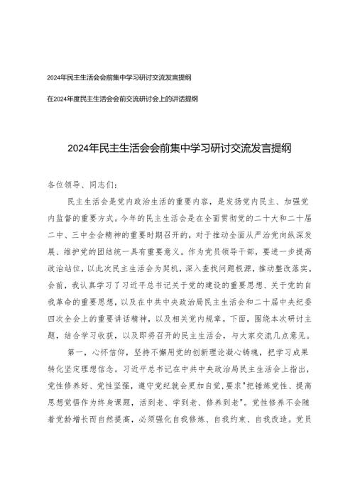 20242025年民主生活会会前集中学习研讨交流发言提纲 2篇.docx