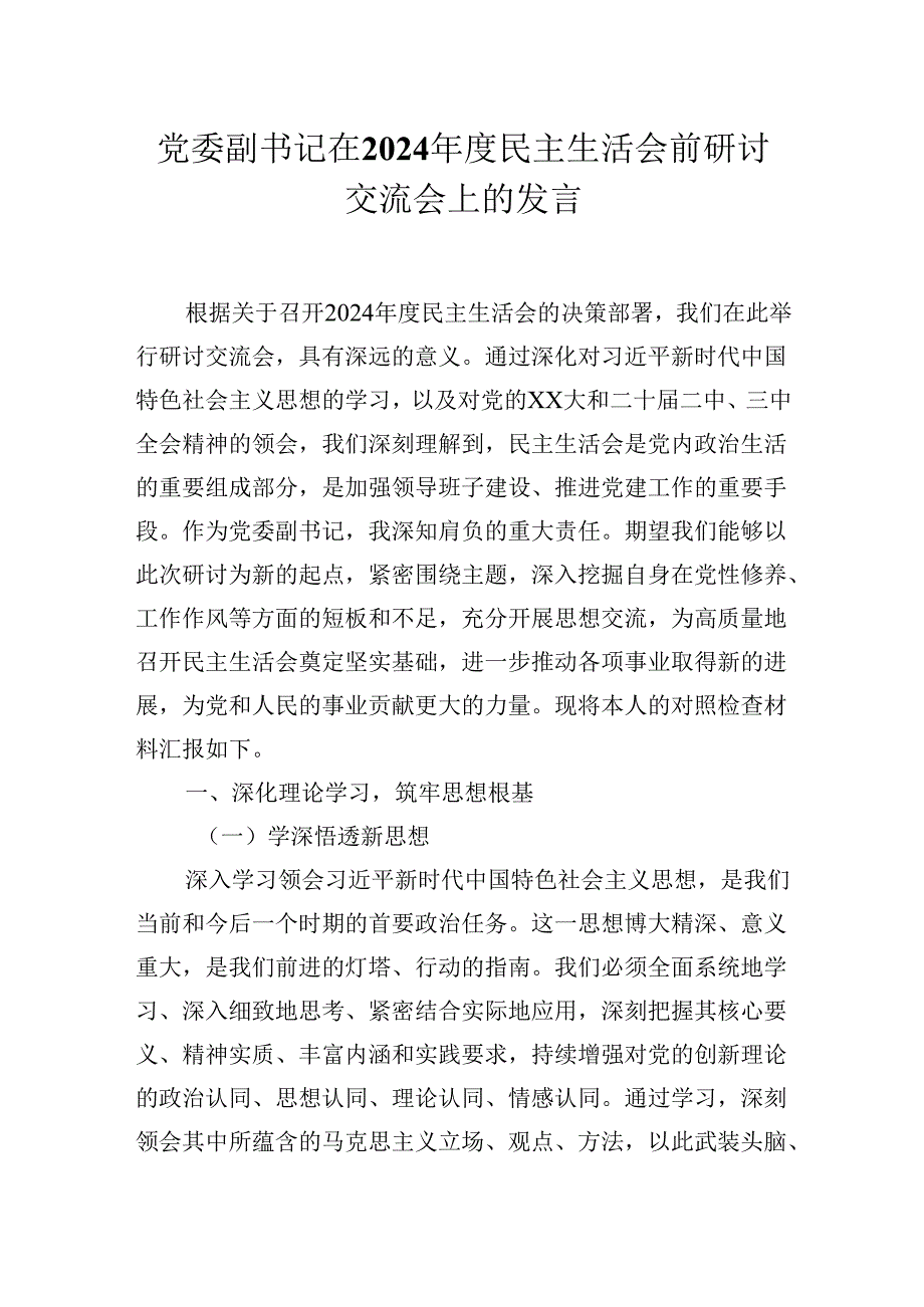党委副书记在2024民主生活会前研讨交流会上的发言材料.docx_第1页