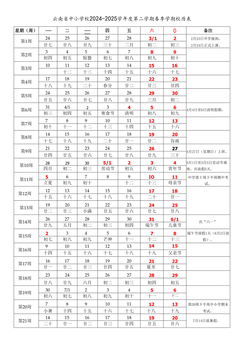 云南省昆明曲靖玉溪保山昭通丽江普洱临沧楚雄市中小学校20242025学第二学期季学期校历表教学日历教师家长学生行事历计划安排时间.docx_第1页