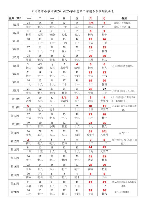 云南省昆明曲靖玉溪保山昭通丽江普洱临沧楚雄市中小学校20242025学第二学期季学期校历表教学日历教师家长学生行事历计划安排时间.docx