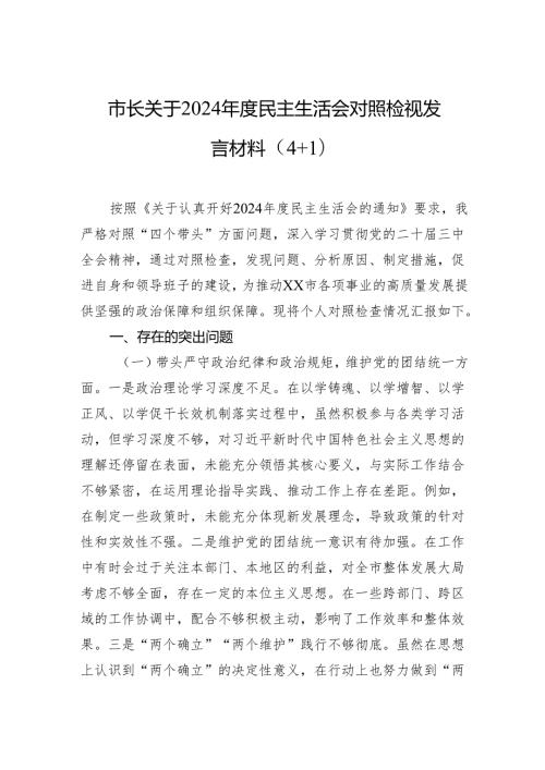 市长关于2024民主生活会对照检视发言材料（4＋1）.docx