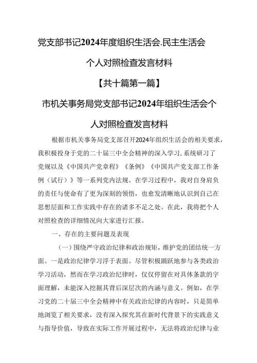（10篇）党支部书记2025年组织生活会、民主生活会个人对照检查发言材料.docx