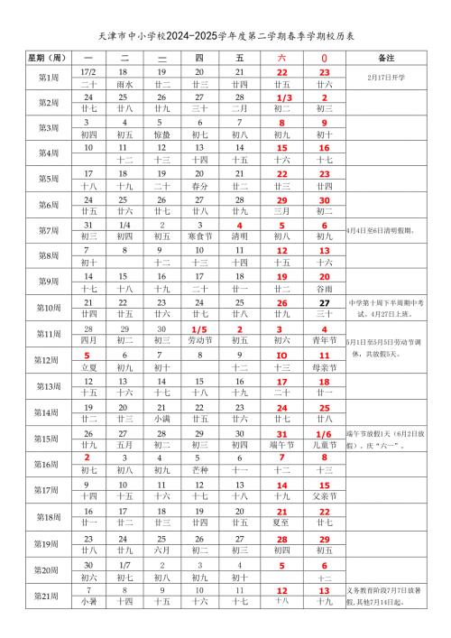 天津市中小学校20242025学第二学期季学期校历表word可编辑模板.docx