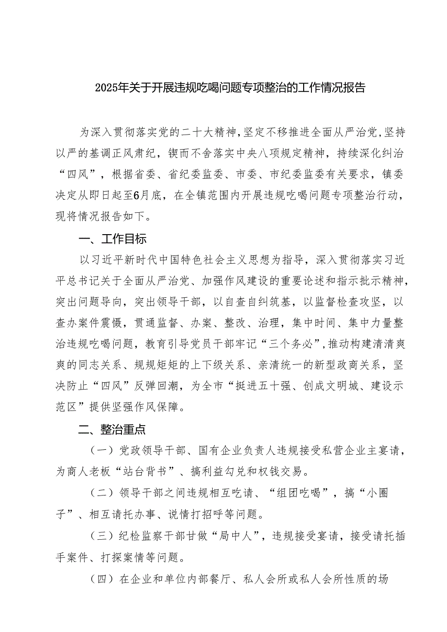 四篇 2025年关于开展违规吃喝问题专项整治的工作情况报告精选.docx_第1页