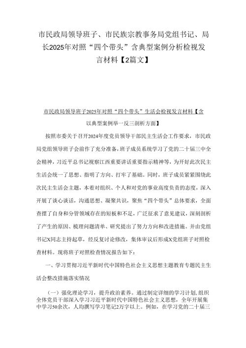 市民政局领导班子、市民族宗教事务局党组书记、局长2025年对照“四个带头”含典型案例分析检视发言材料【2篇文】.docx