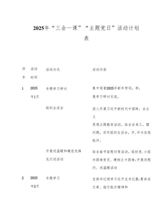 2025年“三会一课”“主题党日”活动计划表.docx