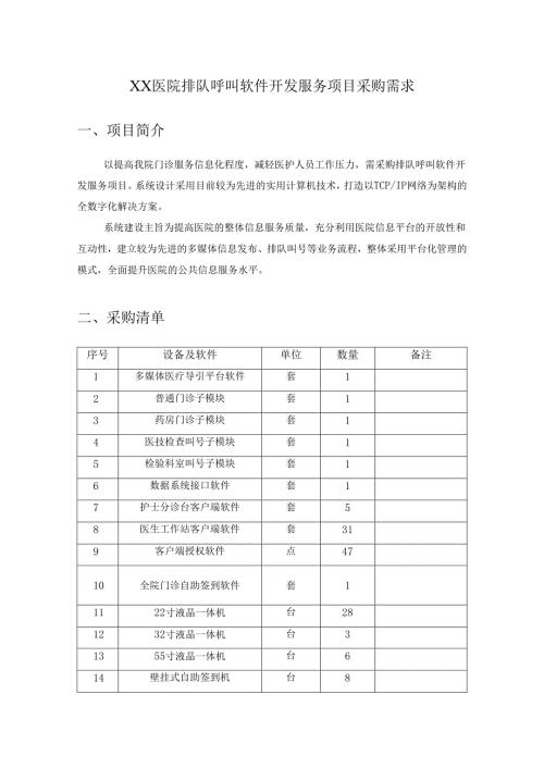 XX医院排队呼叫软件开发服务项目采购需求.docx