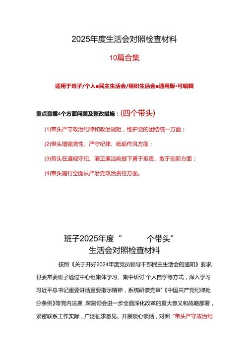 班子2025民主生活会“四个带头”个人对照检查检视剖析整改资料含不足精选资料.docx