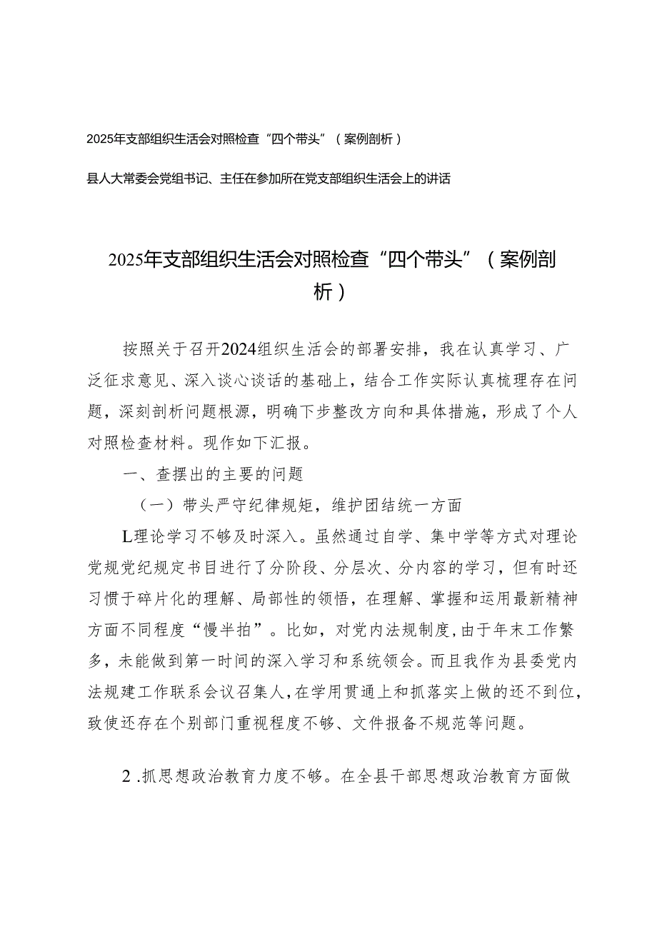 2025年支部组织生活会对照检查“四个带头”（案例剖析）+县人大常委会党组书记、主任在参加所在党支部组织生活会上的讲话.docx_第1页