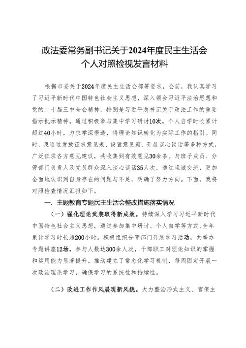 政法委常务副书记关于2024民主生活会个人对照检视发言材料.docx