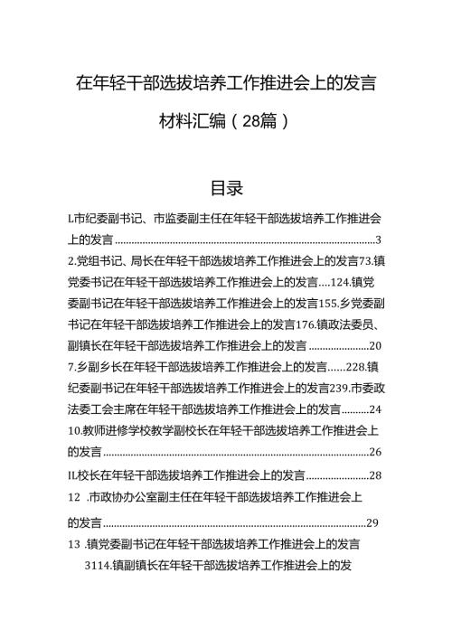 在年轻干部选拔培养工作推进会上的发言材料汇编（28篇）.docx