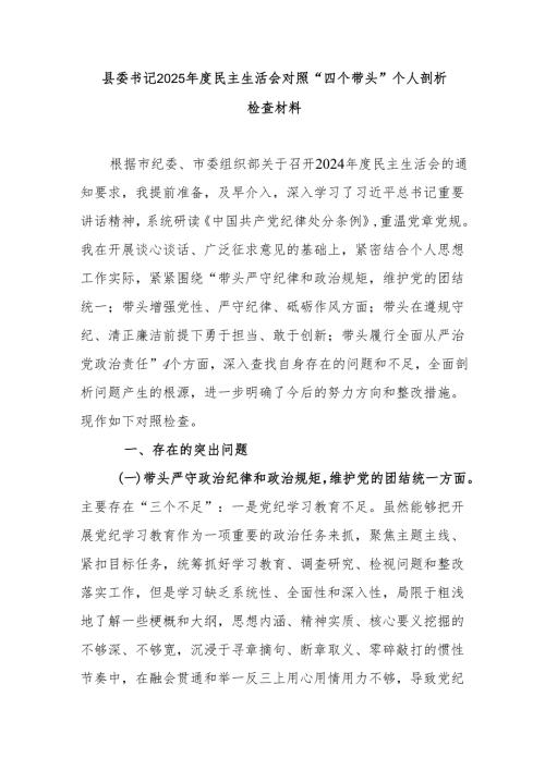 县委书记2025民主生活会对照“四个带头”个人剖析检查材料.docx