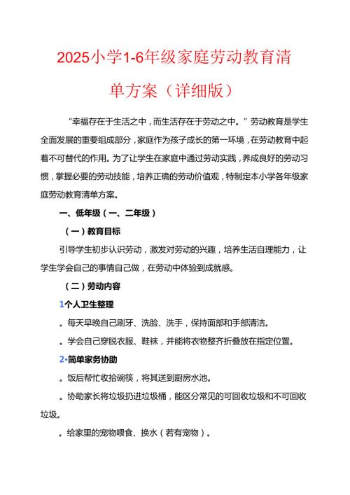 2025小学16年级家庭劳动教育清单方案（详细版）.docx