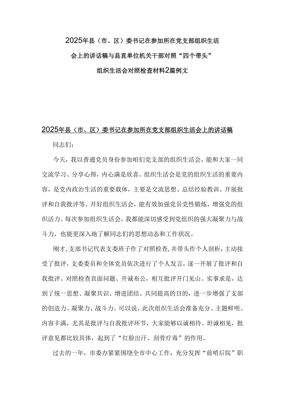 2025年县(市、区)委书记在参加所在党支部组织生活会上的讲话稿与县直单位机关干部对照“四个带头”组织生活会对照检查材料2篇例文.docx_第1页