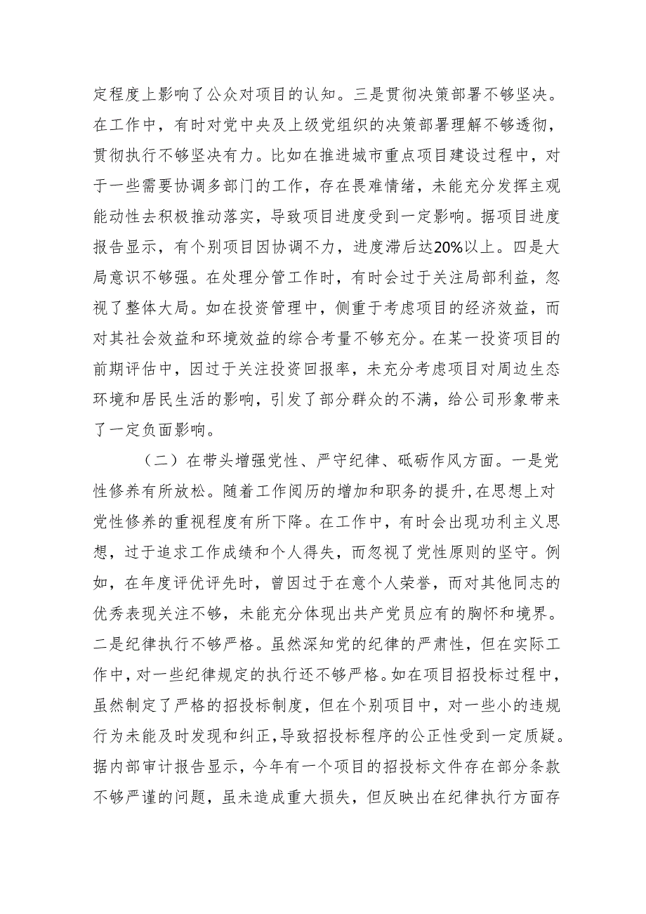 国企城投公司副总经理2024民主生活会领导班子对照检视发言材料（8041字）四个带头 典型案例.docx_第2页