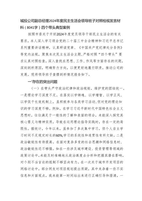 国企城投公司副总经理2024民主生活会领导班子对照检视发言材料（8041字）四个带头 典型案例.docx