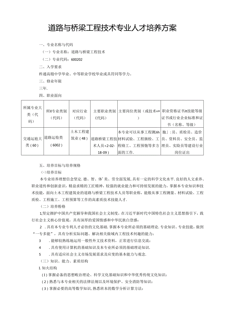 职业技术学校道路与桥梁工程技术专业人才培养方案.docx_第1页