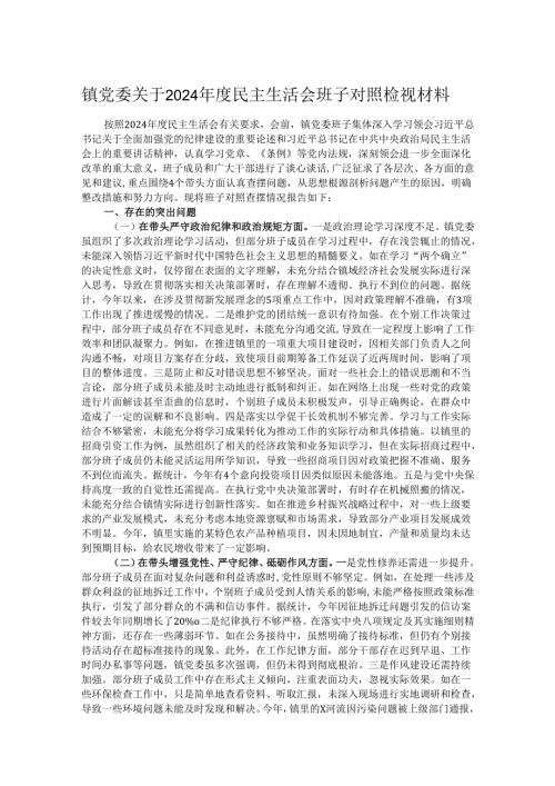 镇党委关于2024民主生活会班子对照检视材料.docx