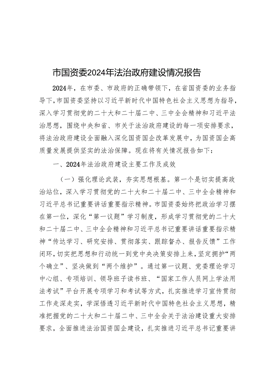 市国资委2024年法治政府建设情况报告.docx_第1页