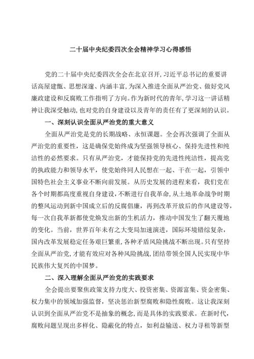二十中央纪委四次全会精神学习心得感悟【4篇】供参考.docx