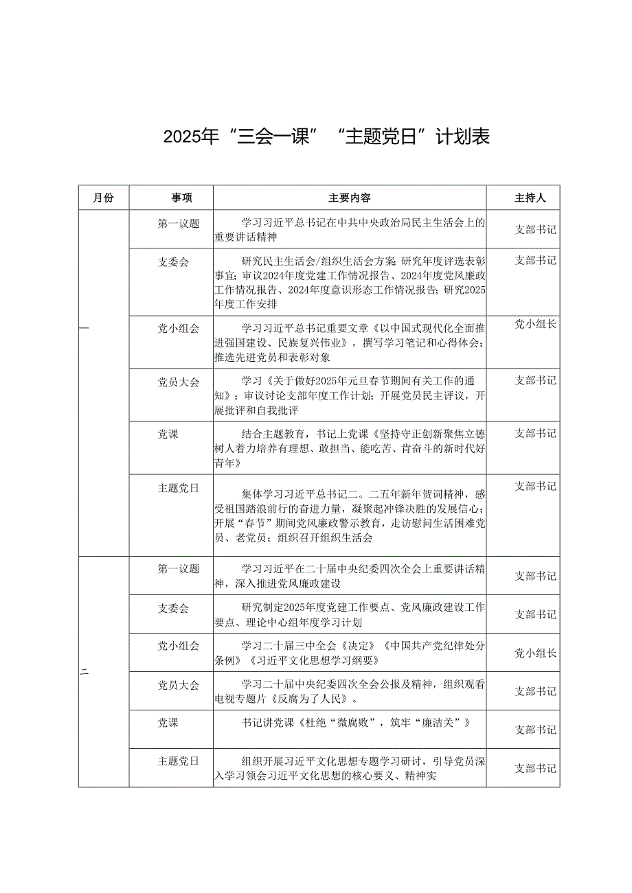 2025年“三会一课”“主题党日”计划表+2025年党支部主题党日活动计划表.docx_第1页
