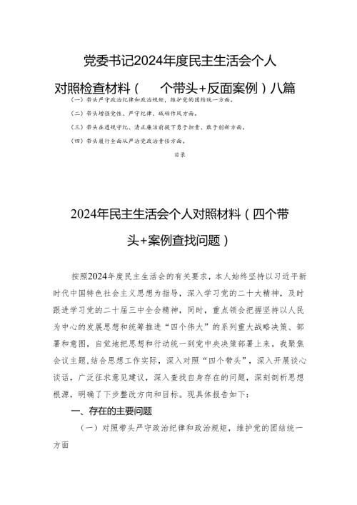 党委书记 2024 民主生活个人检查材料（四个带头+反面案例）八篇.docx