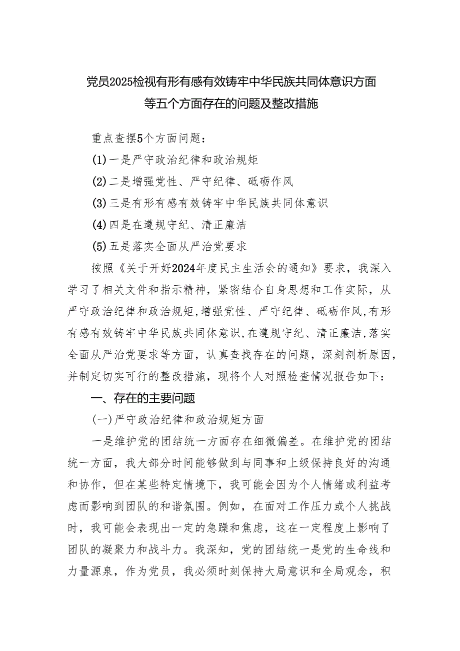 党员2025检视有形有感有效铸牢中华民族共同体意识方面等五个方面存在的问题及整改措施.docx_第1页
