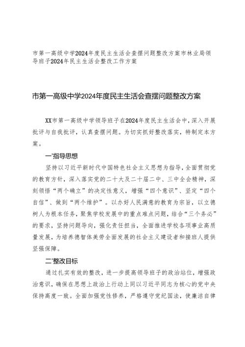2025年林业局领导班子、中学2024年民主生活会整改工作方案.docx