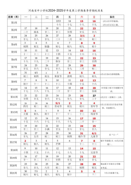 河南省郑州开封洛阳平顶山安阳鹤壁新乡焦作濮阳许昌漯河三门峡南阳商丘信阳周口驻马店济源市中小学校20242025学第二学期季学期校.docx
