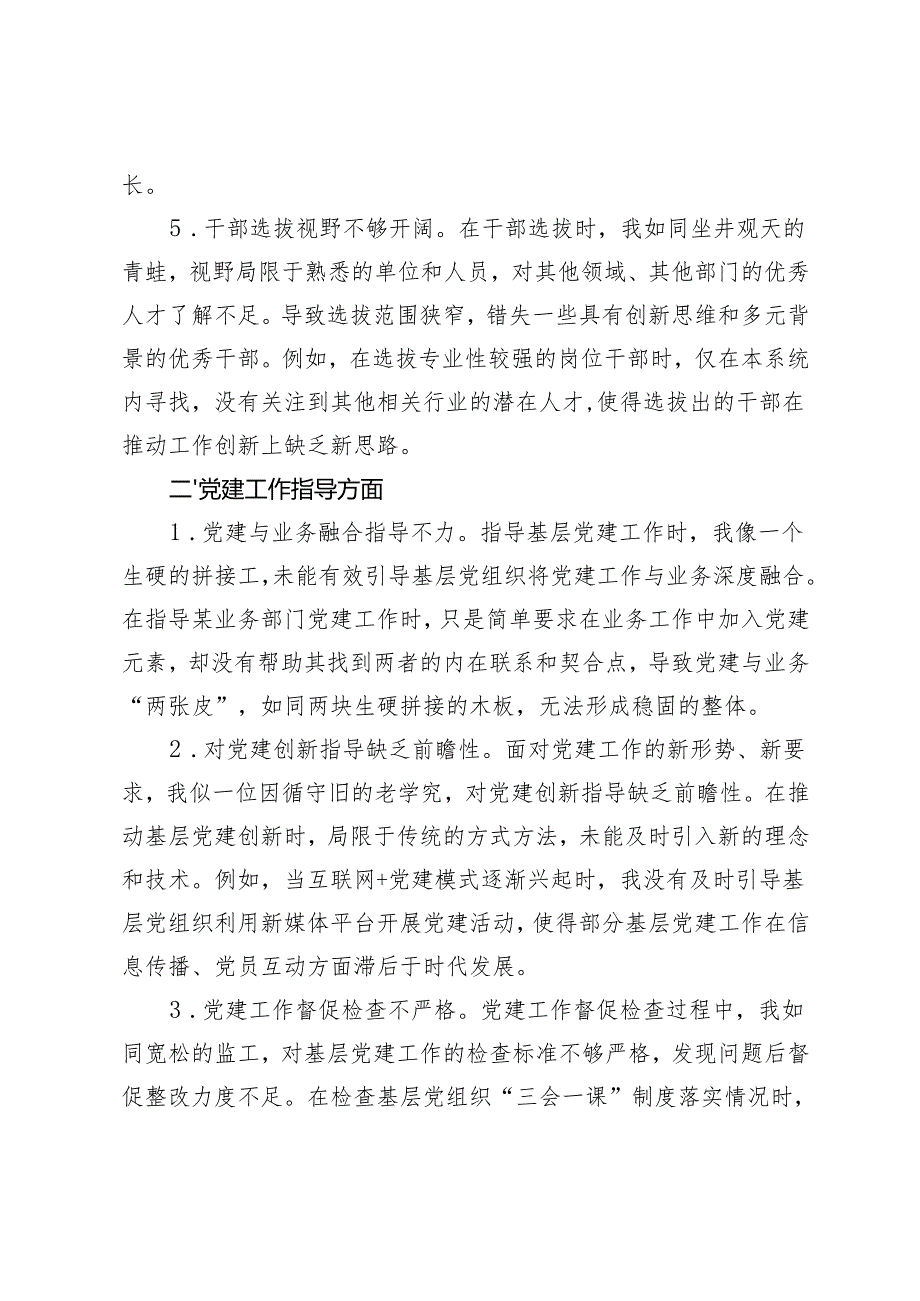 国有企业党委书记、组织部副部长民主生活会、组织生活会自我批评意见（干部选拔任用工作方面、党建工作指导方面、人才队伍建设方面、自身能.docx_第3页