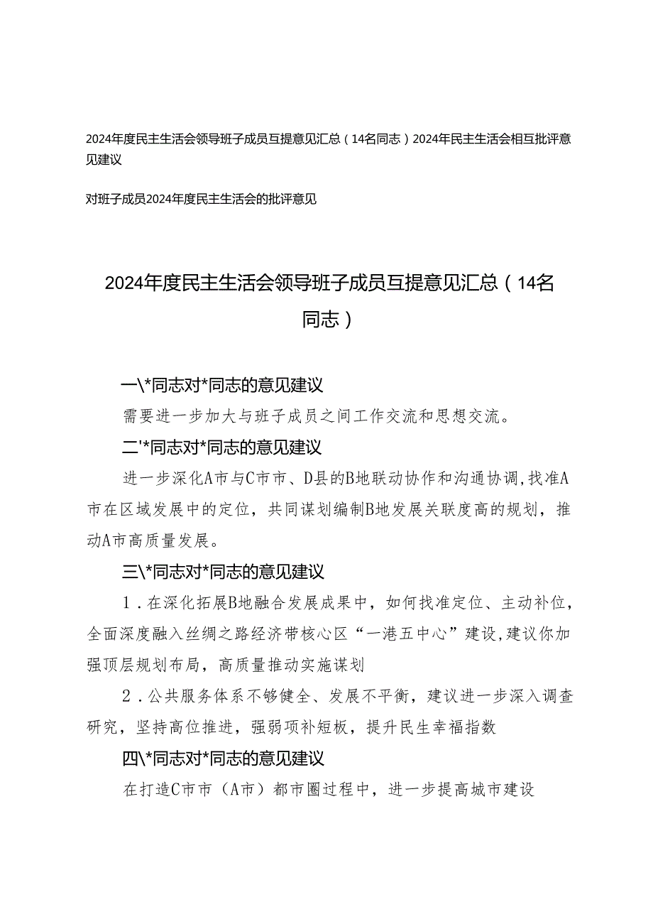 2024民主生活会领导班子成员互提意见汇总对班子成员2024民主生活会的批评意见.docx_第1页