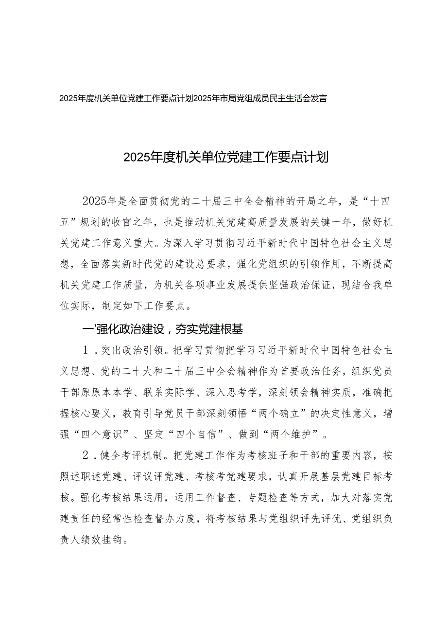 2025机关单位党建工作要点计划+2025年市局党组成员民主生活会发言.docx_第1页
