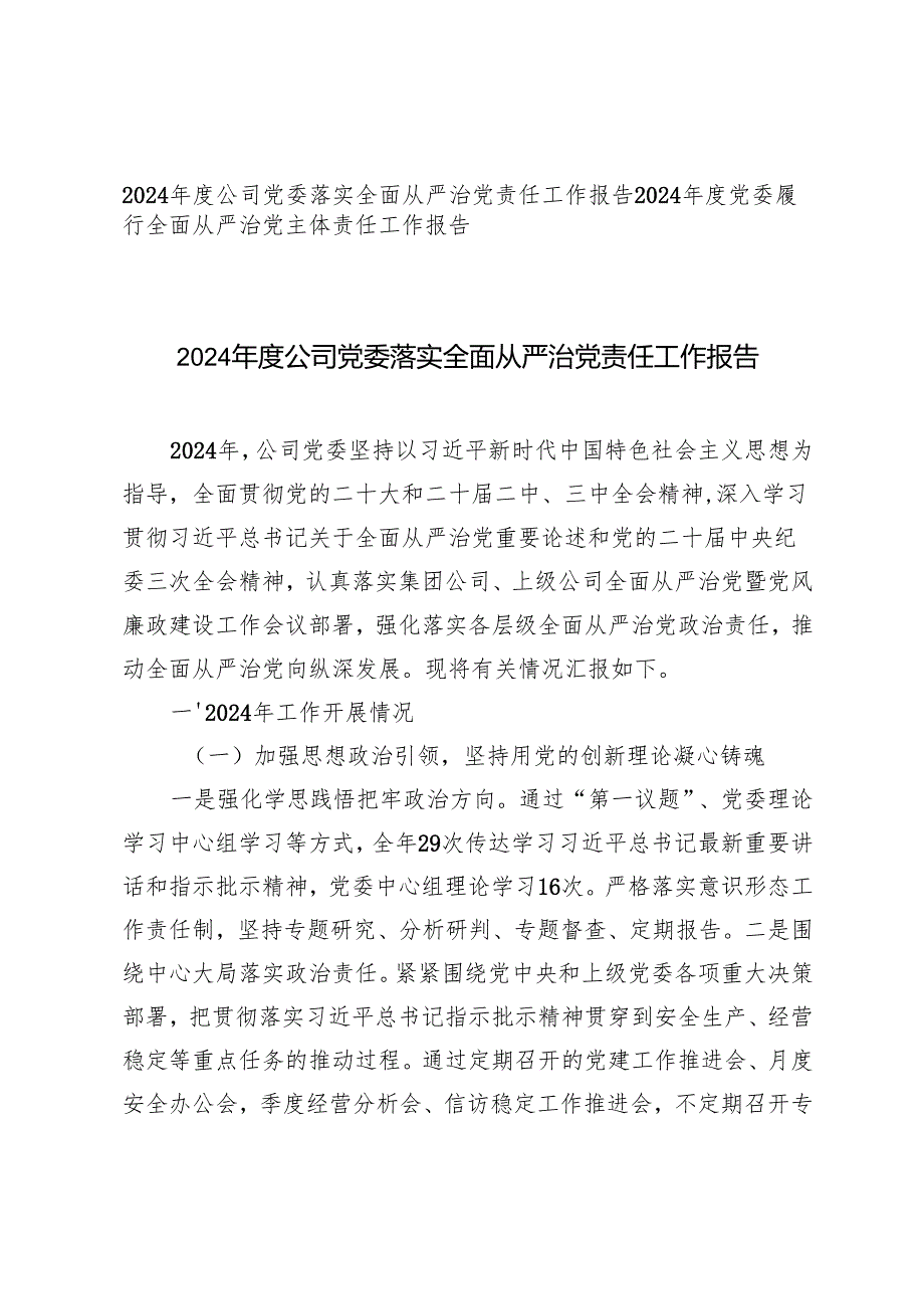 20242025公司党委落实全面从严治党责任工作报告.docx_第1页