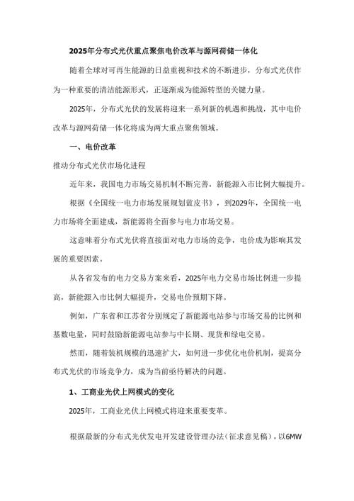 2025年分布式光伏重点聚焦电价改革与源网荷储一体化.docx