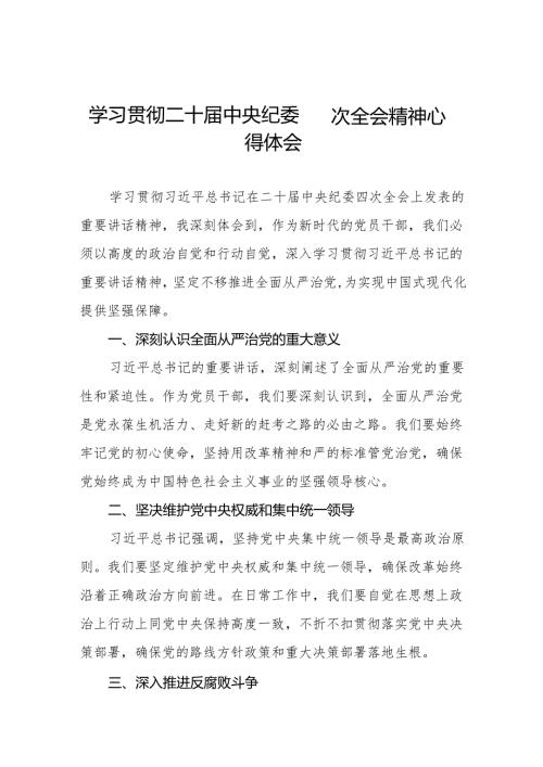 纪检干部学习二十中央纪委四次全会精神心得感悟12篇.docx