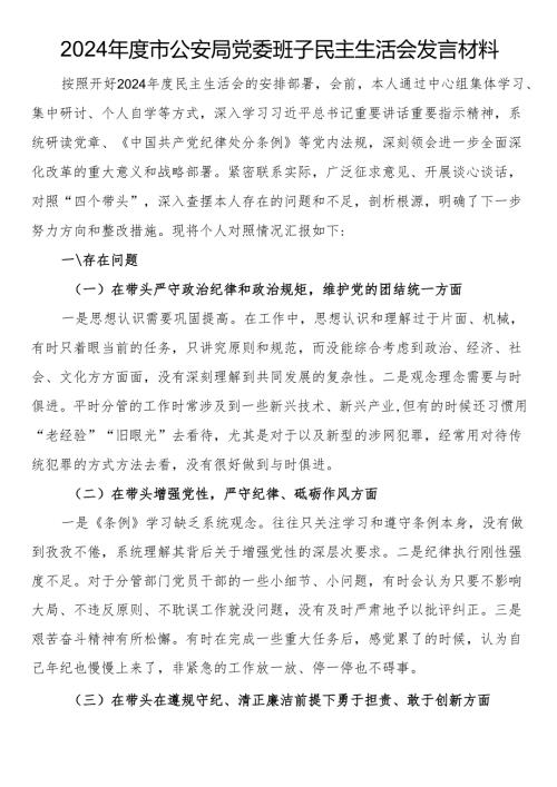 2024市公安局党委班子民主生活会发言材料.docx