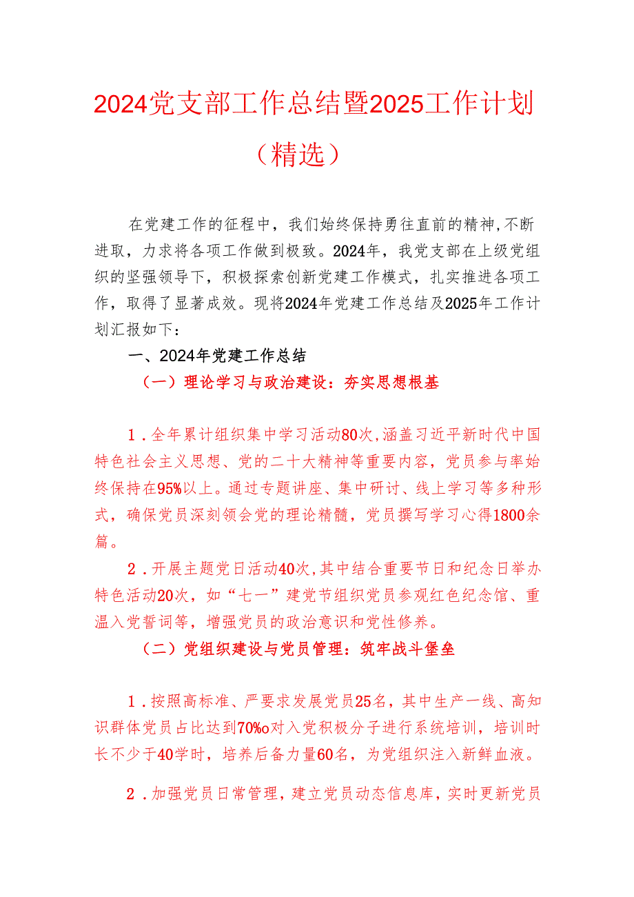 2024党支部工作总结暨2025工作计划（精选）.docx_第1页