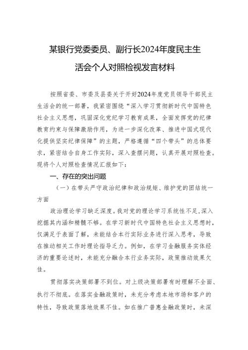 某银行党委委员、副行长2024民主生活会个人对照检视发言材料.docx