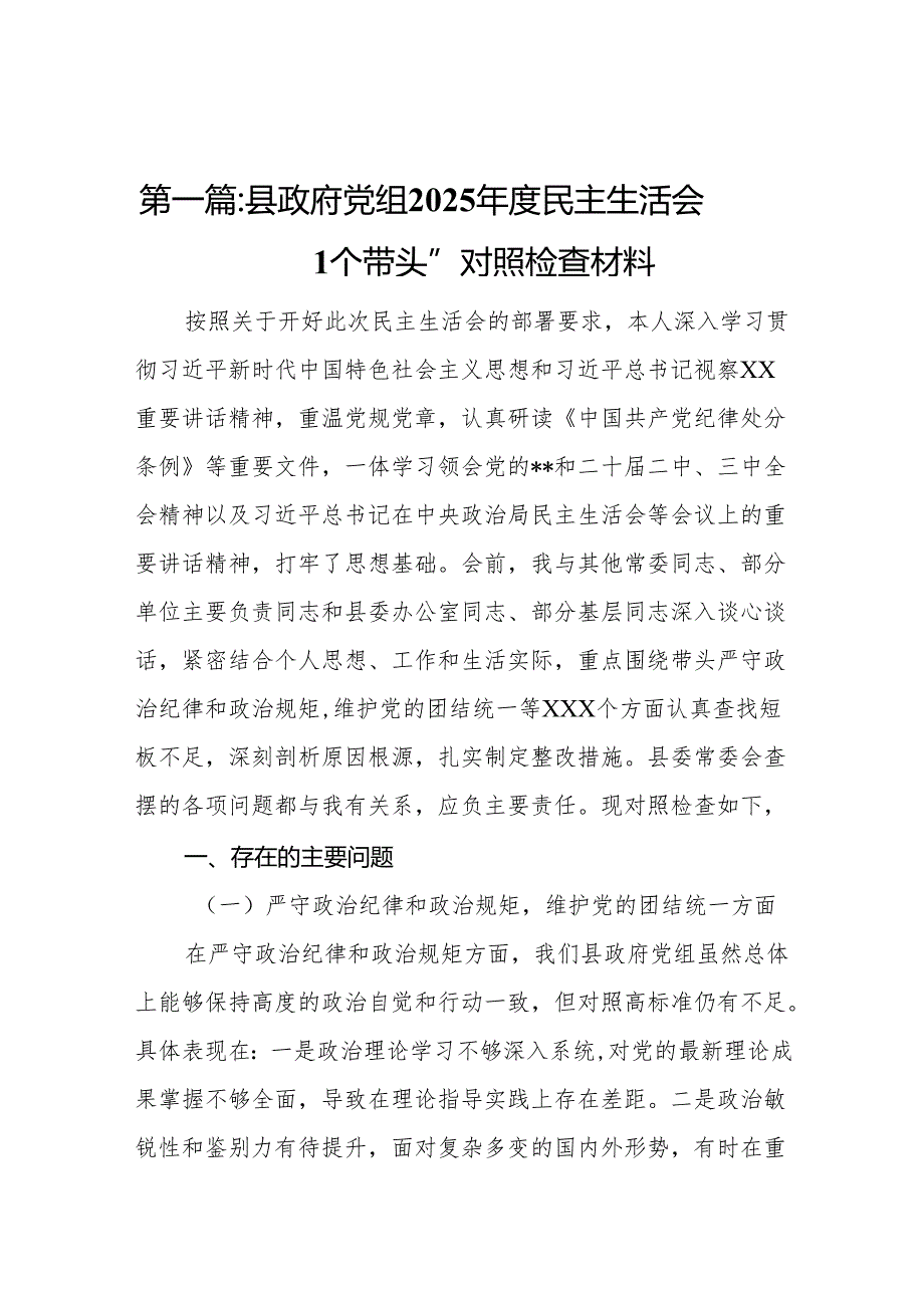 县政府党组2025民主生活会“四个带头”对照检查材料12篇.docx_第2页