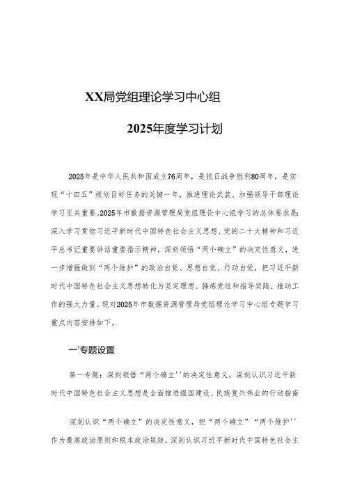 XX局党组理论学习中心组2025学习计划.docx