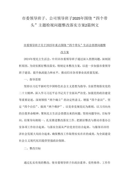 市委领导班子、公司领导班子2025年围绕“四个带头”主题检视问题整改落实方案2篇例文.docx