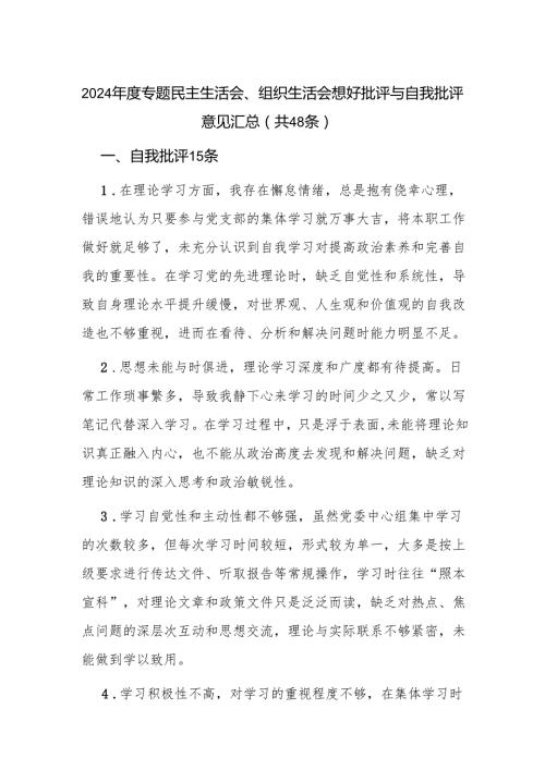 2024专题民主生活会组织生活会互相批评意见与自我批评意见.docx