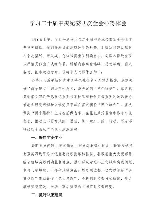 学习二十中央纪委四次全会心得体会 （合计16份）.docx