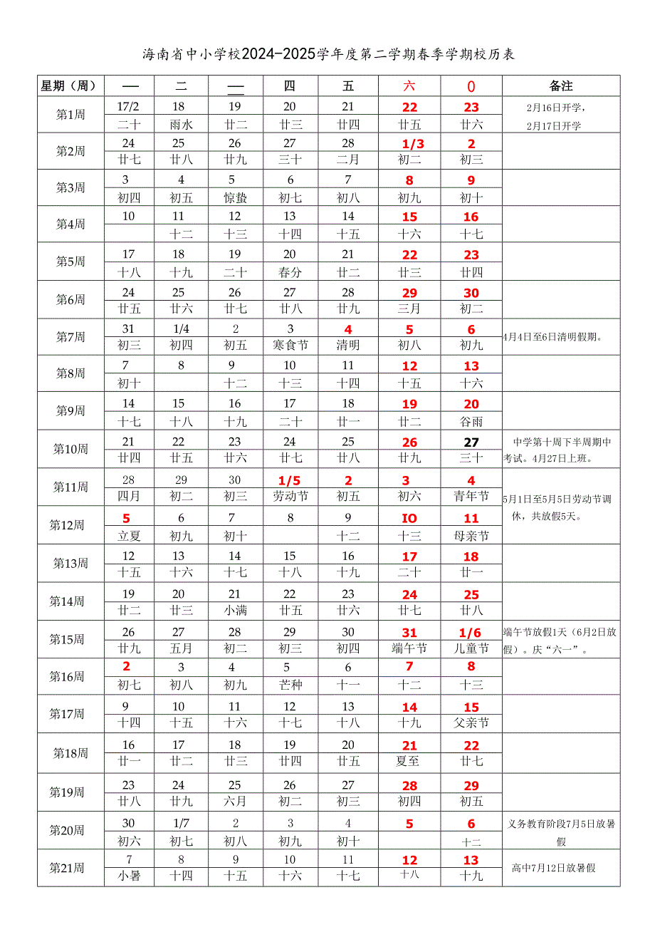 海南省海口三亚三沙儋州琼海文昌万宁东方五指山保亭市中小学校20242025学第二学期季学期校历表word可编辑模板.docx_第1页