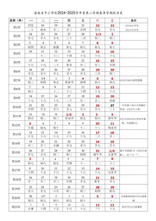 海南省海口三亚三沙儋州琼海文昌万宁东方五指山保亭市中小学校20242025学第二学期季学期校历表word可编辑模板.docx