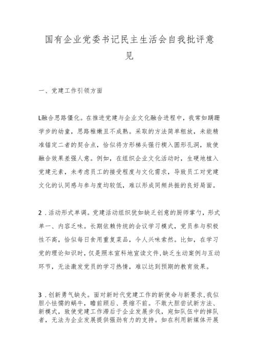 国有企业党委书记民主生活会自我批评意见.docx