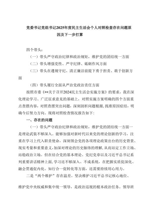 党委书记党组书记2025民主生活会个人对照检查存在问题原因及下一步打算精选三篇.docx